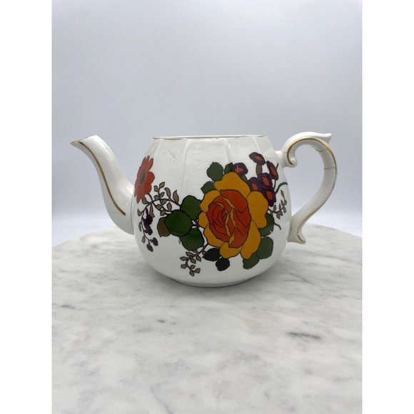 Ellgreave English Teapot Floral Handle Gold Trim Repaired Handle England Flowers - Picture 1 of 10